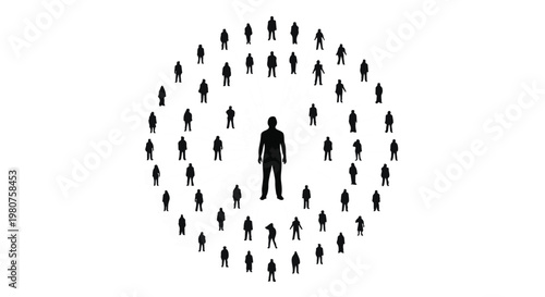 Businessman leader standing alone surrounded by crowd of people in circular formation symbolizing leadership and individuality in professional corporate setting