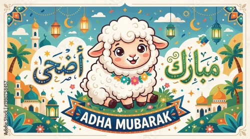 A festive illustration featuring a cartoon sheep with Arabic script and a banner reading Adha Mubarak, surrounded by a vibrant landscape of palm trees, domes, and lanterns.