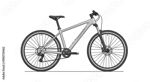 Modern gray mountain bike with disc brakes and suspension fork, isolated on a white background