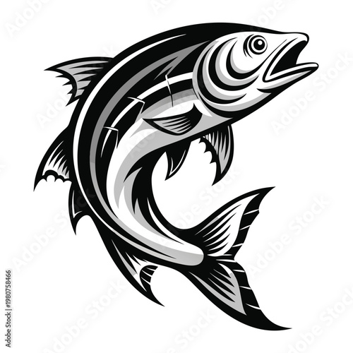 Dynamic black and white illustration of a jumping salmon fish against a white background