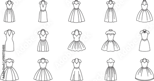 Set of flat of women in long dresses with various hairstyles and poses fashion flat long dress