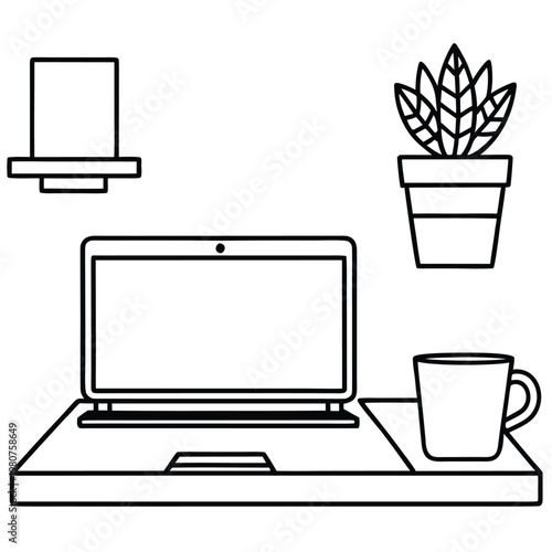 A minimalist line art illustration of a laptop with a mug and plant nearby