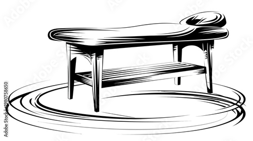 Black and white graphic of a cushioned massage table with a headrest and bottom shelf