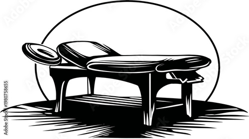 Illustration of a massage table with a face cradle set against a circular backdrop