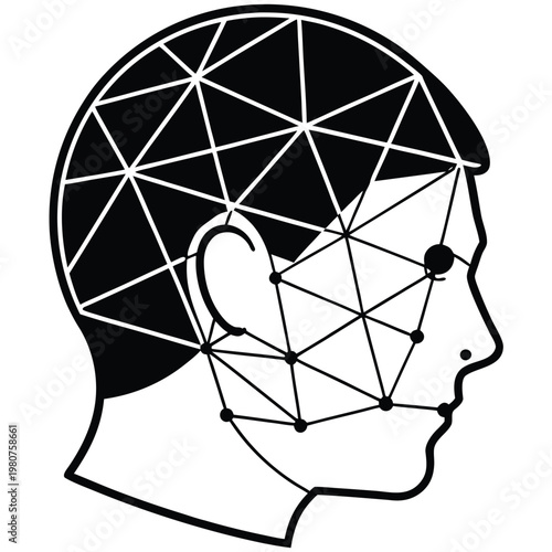 A vector graphic illustration of a human head with a geometric network design