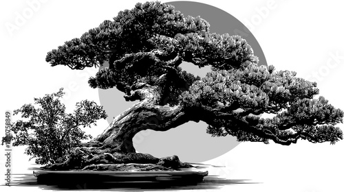 Ink drawing of a bonsai tree with foliage, a gnarled trunk, and a grey circular background