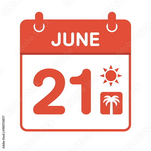 June 21 calendar page with summer icons on white background