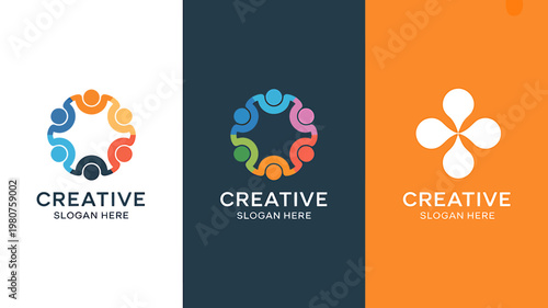 Creative logos with people icons and slogan on colorful backgrounds for business branding