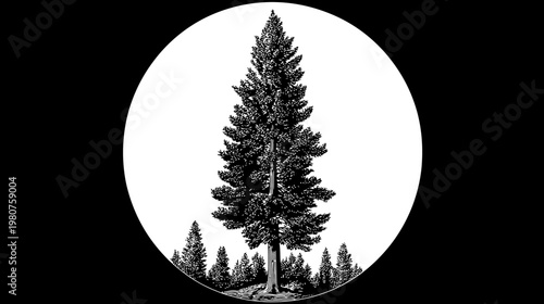 Tall conifer with smaller trees below, set in an oval, presented against a black background