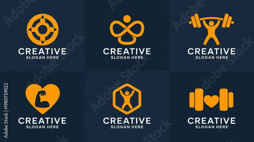 Fitness logo templates with creative slogans and orange icons