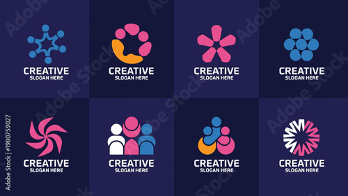 Set of colorful geometric logos with creative slogans on dark background