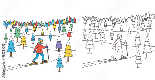 Snowshoeing in a Winter Forest Illustration Set Featuring a Person Hiking through Snowy Woods with Colorful Trees and a Line Art Version for Kids' Coloring Book Activity