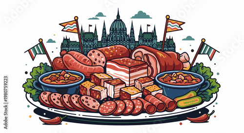 A bountiful platter of meats, stews, and Hungarian flags before Parliament