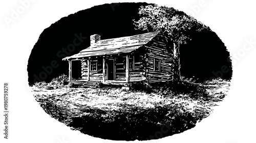 A black and white illustration of a rustic log cabin in a rural, grassy setting