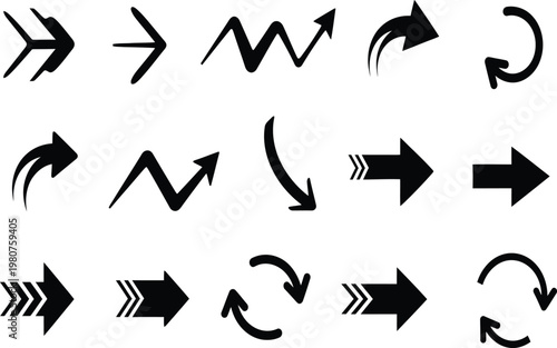 Collection of black arrow icons representing direction and movement