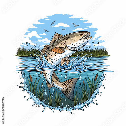Speckled trout jumping out of water with marsh reeds in background
