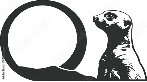 Monochrome drawing of a meerkat standing beside a large, stylized circular shape