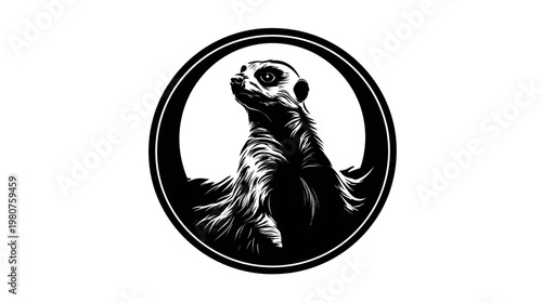Illustration of a meerkat looking up, enclosed in a double black circle on white