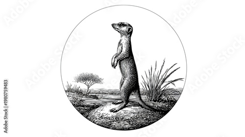 Meerkat on guard, etched in a circular scene of shrub, water and distant trees