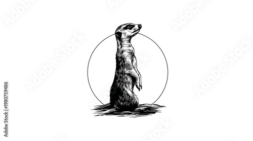 Engraving of a meerkat standing erect, framed by a circular line drawing