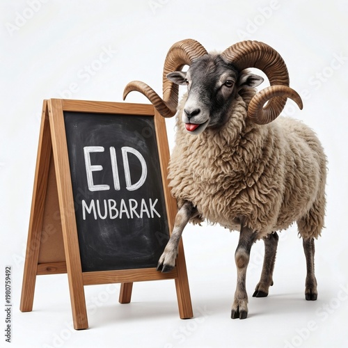 A sheep with spiraled horns stands next to a chalkboard sign reading EID MUBARAK.