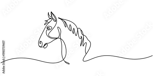 Black and white single line drawing of a horse head