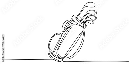 Minimalist continuous line drawing of golf bag with clubs