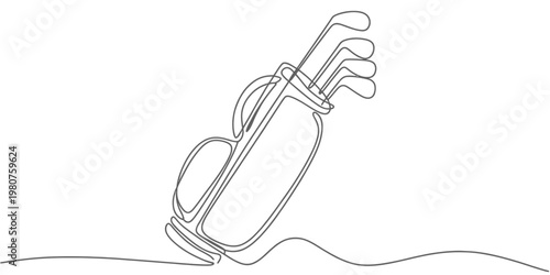 Minimalist continuous line drawing of golf bag and clubs