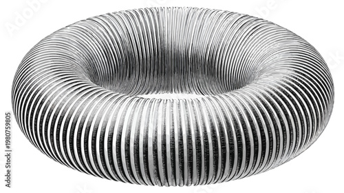 Silver, corrugated material forms an open-centered toroid on a white background