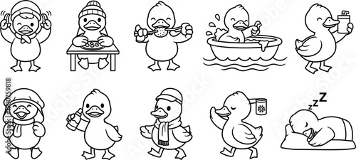 Cute Duck Daily Activity Coloring Page Set with Cartoon Duckling Eating Bathing Sleeping and Walking Outline Illustration