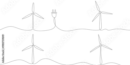 Minimalist line art wind turbines and electrical plug