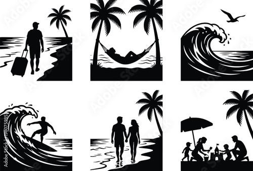 Set of black silhouettes of people on beach vacation  summer activities