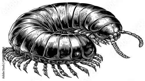 Detailed engraving of a millipede with many legs, curled defensively
