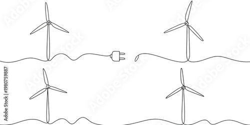 Four wind turbines connected by a single line art cord and plug