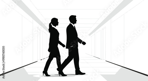 Silhouette of business professionals walking together in modern office hallway with bright lighting and shadows