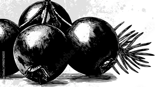 Grayscale botanical illustration featuring juniper berries and foliage