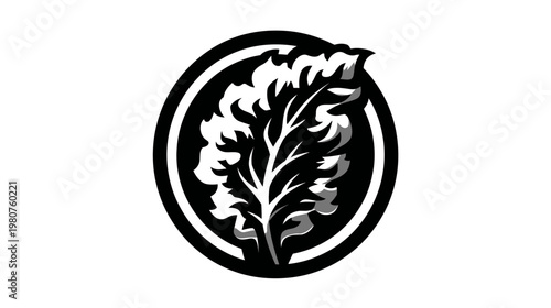 Stylized foliage in black and white, within a double-lined circular frame