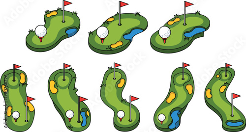 Golf course holes collection with flags, bunkers and water hazards vector illustration for sport, game map and outdoor design