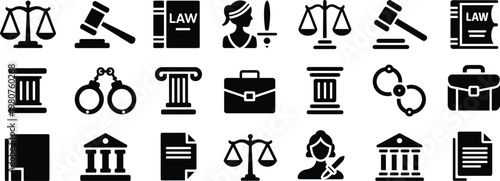 Law and Justice Icon Set – Black Silhouette Legal and Court Vector Collection, Attorney Government Illustration Isolated on White Background