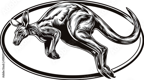 Illustration of a kangaroo leaping inside a thick, double-lined oval frame in monochrome