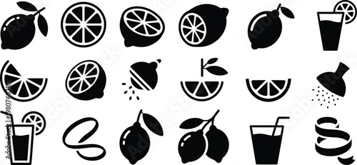 Lemon Slice Icon Set – Black Silhouette Citrus Fruit and Juice Vector Collection, Sour Food Illustration Isolated on White Background