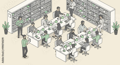 Employees work collaboratively in an open office business environment with computers and desks.