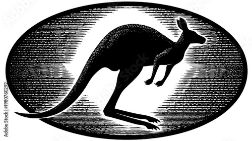 Black and white illustration of a kangaroo silhouette inside of an oval frame
