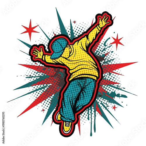 Vibrant urban dancer illustration in dynamic street style, capturing the energetic spirit of youth culture and hip-hop rhythm amidst a burst of graphic artistry