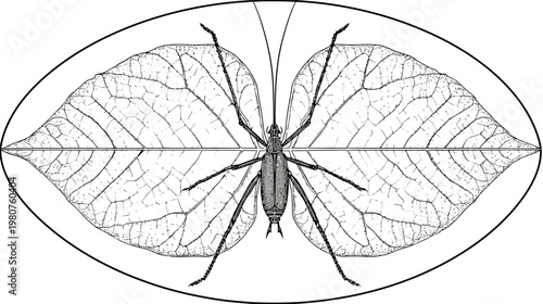 Monochrome drawing of an insect on two leaves, enclosed in an oval frame
