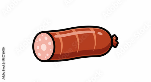 A cartoon sausage with a cut end showing pink meat and white spots
