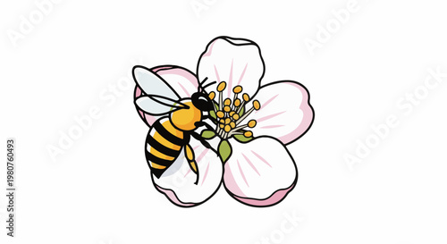 A cartoon bee on a pink and white flower collecting pollen