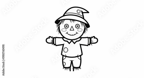 A cartoon scarecrow with a hat, button eyes, and patched clothes