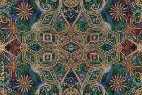 Maximalist patterns: Patterns where multiple different elements coexist in one composition. Complex repetitions with variations, overlays, and layers creating visual depth. High quality photo