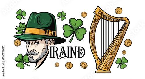 Irish St. Patrick's Day Symbols Harp Man Clover Coins.